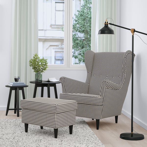 STRANDMON armchair and footstool, Vibberbo black/beige