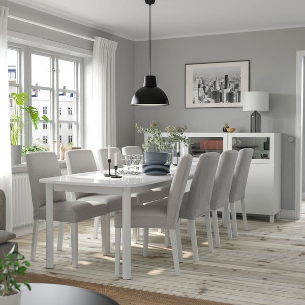 STRANDTORP / BERGMUND table and 8 chairs, white/Orrsta light grey, 150/205/260 cm