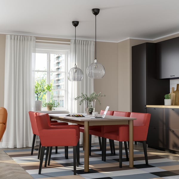 STRANDTORP / MÅRENÄS table and 6 armchairs, brown black/Gunnared red-brown, 150/205/260 cm