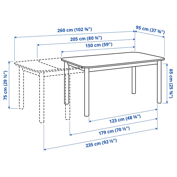 STRANDTORP extendable table, white, 150/205/260x95 cm