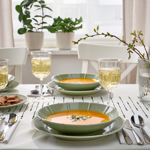 STRIMMIG deep plate, stoneware pale grey-green, 23 cm, 4 pack