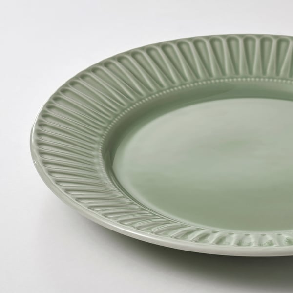 STRIMMIG plate, stoneware pale grey-green, 27 cm, 4 pack