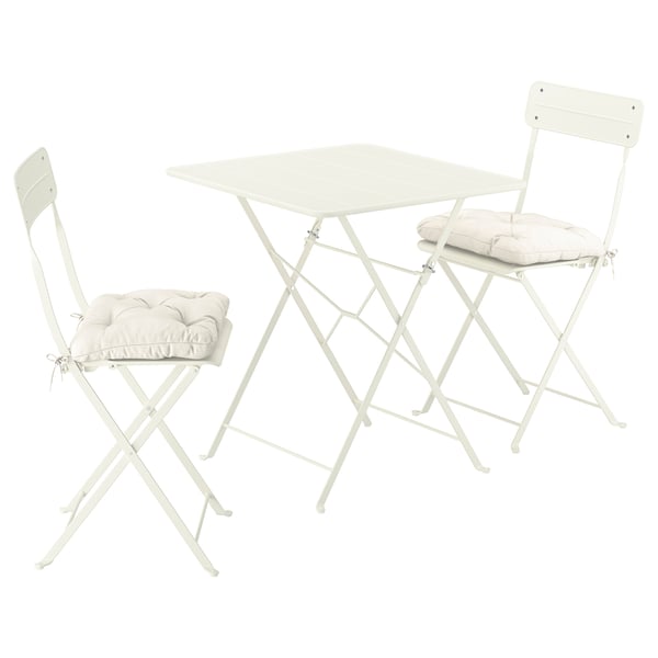 SUNDSÖ table and 2 folding chairs, outdoor off-white/off-white Kuddarna light grey-beige, 65x65 cm