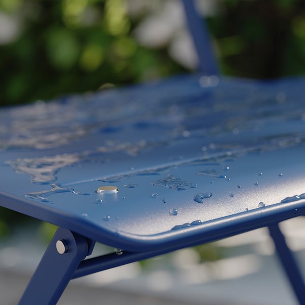 SUNDSÖ table and 2 folding chairs, outdoor dark blue/dark blue Kuddarna light grey-beige, 65x65 cm