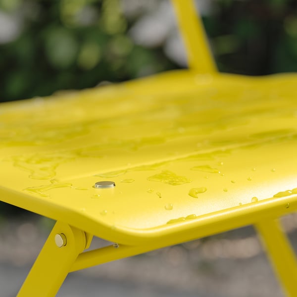 SUNDSÖ table and 2 folding chairs, outdoor bright yellow/bright yellow Kuddarna light grey-beige, 65x65 cm
