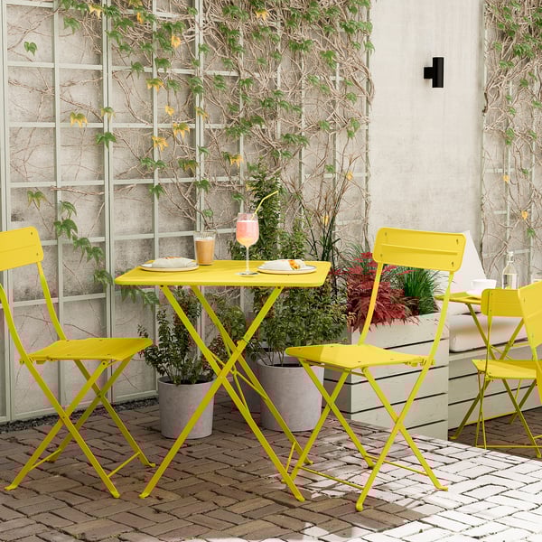 SUNDSÖ table and 2 folding chairs, outdoor bright yellow/bright yellow, 65x65 cm