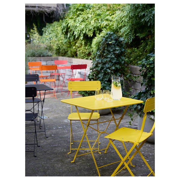 SUNDSÖ table and 2 folding chairs, outdoor bright yellow/bright yellow, 65x65 cm