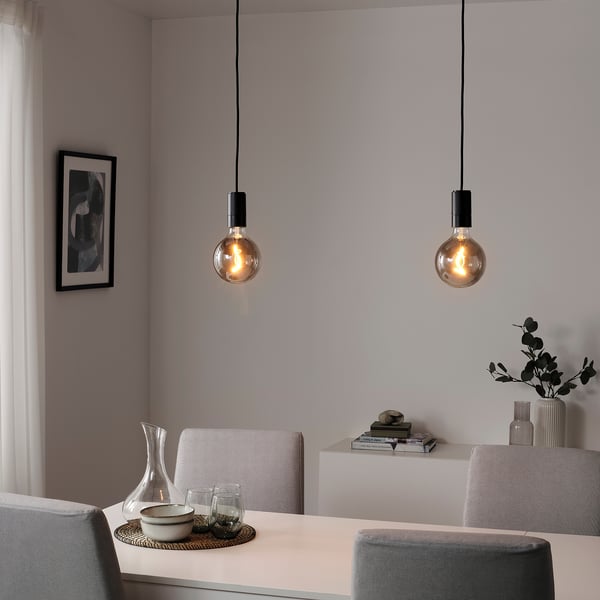 SUNNEBY / MOLNART pendant lamp, black/globe grey clear glass, 125 mm