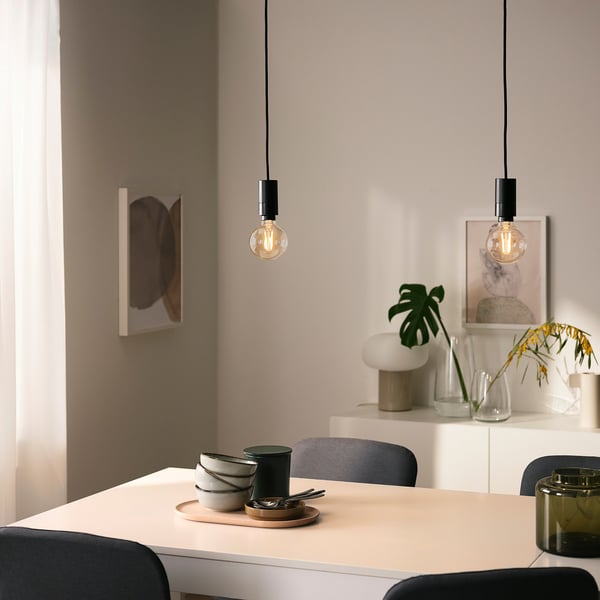 SUNNEBY / TRÅDFRI pendant lamp with light bulb, black/smart warm white