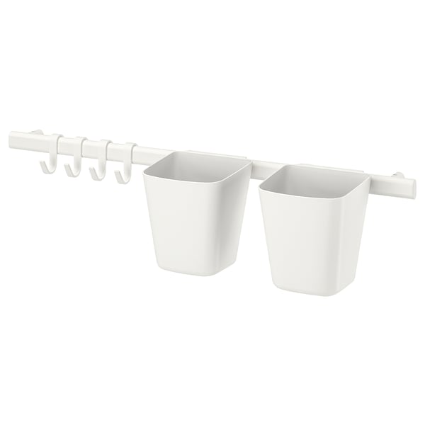 SUNNERSTA rail with 4 hooks and 2 containers, white