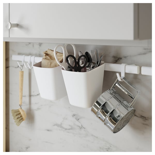 SUNNERSTA rail with 4 hooks and 2 containers, white