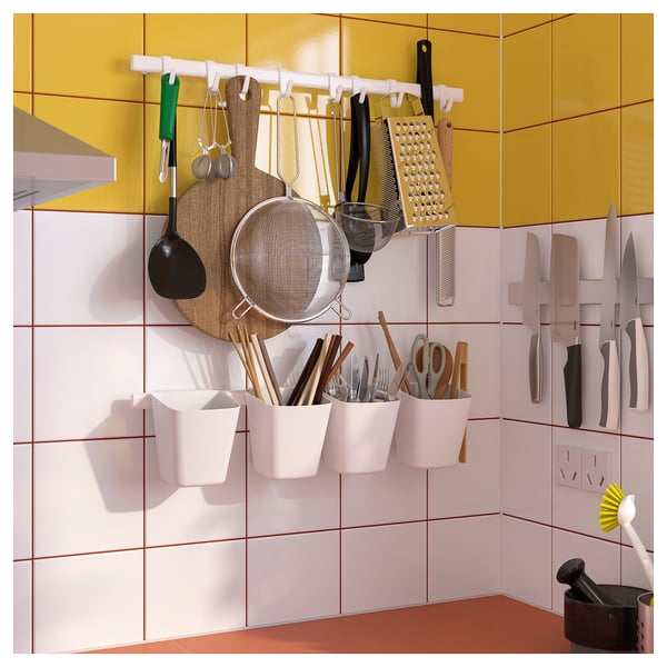 SUNNERSTA rail with 4 hooks and 2 containers, white