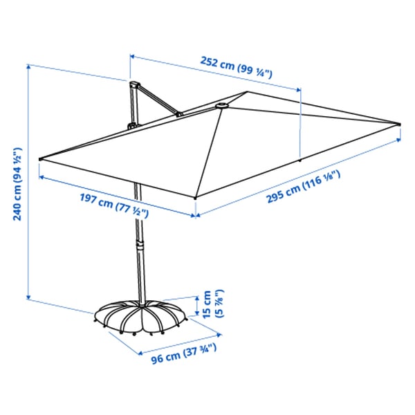 SVALÖN / IGGÖN parasol, hanging with base, light grey-beige/dark grey, 300x200 cm
