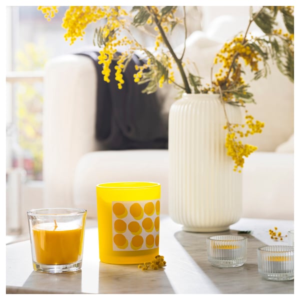 SVARTOXBÄR scented candle in glass, Mimosa/yellow
