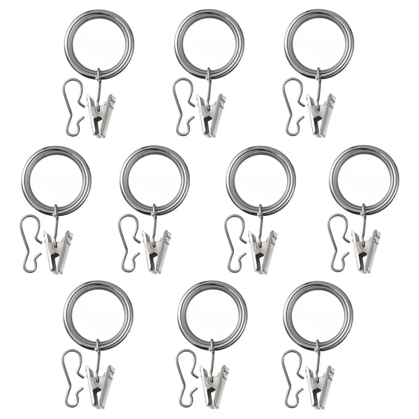 SYRLIG curtain ring with clip and hook, nickel-plated, 38 mm, 10 pack