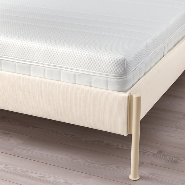 TÄLLÅSEN upholstered bed frame with mattress, Kulsta light beige/Åkrehamn medium firm, 140x200 cm