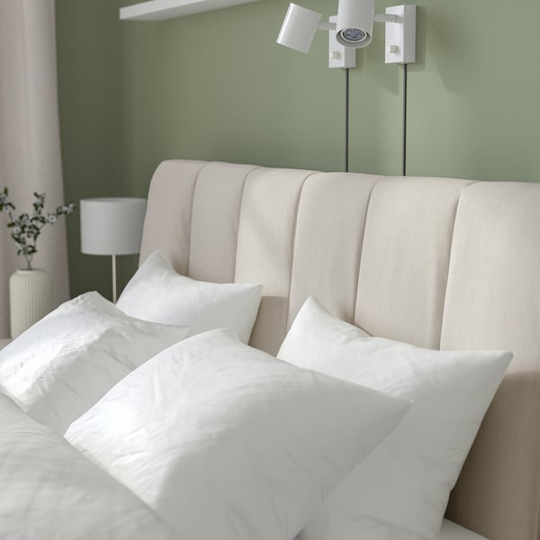 TÄLLÅSEN upholstered bed frame with mattress, Kulsta light beige/Valevåg extra firm, 160x200 cm