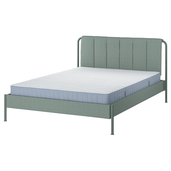 TÄLLÅSEN upholstered bed frame with mattress, Kulsta grey-green/Valevåg extra firm, 140x200 cm