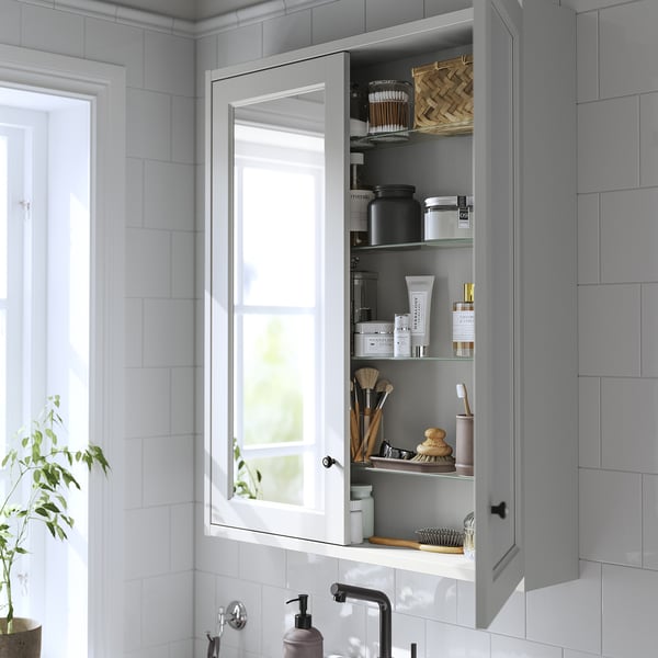 TÄNNFORSEN mirror cabinet with doors, light grey, 80x15x95 cm