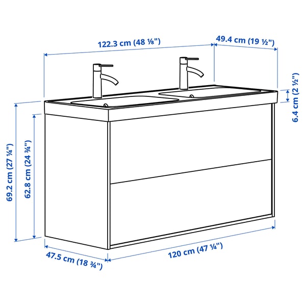 TÄNNFORSEN / ORRSJÖN wash-stnd w drawers/wash-basin/taps, white, 122x49x69 cm