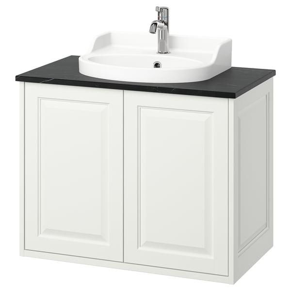 TÄNNFORSEN / RUTSJÖN wash-stnd w doors/wash-basin/tap, white/black marble effect, 82x49x76 cm