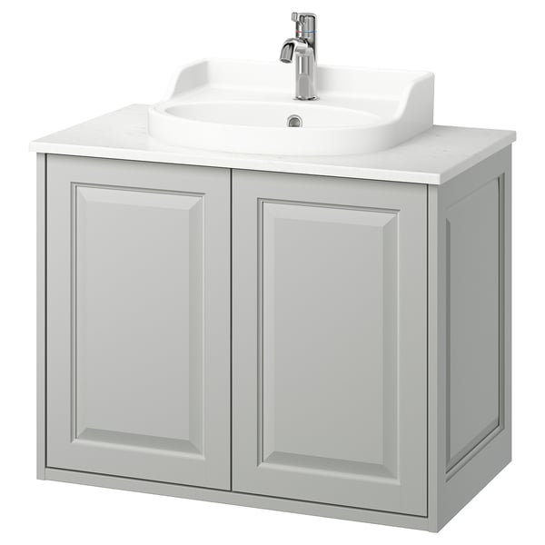 TÄNNFORSEN / RUTSJÖN wash-stnd w doors/wash-basin/tap, light grey/white marble effect, 82x49x76 cm