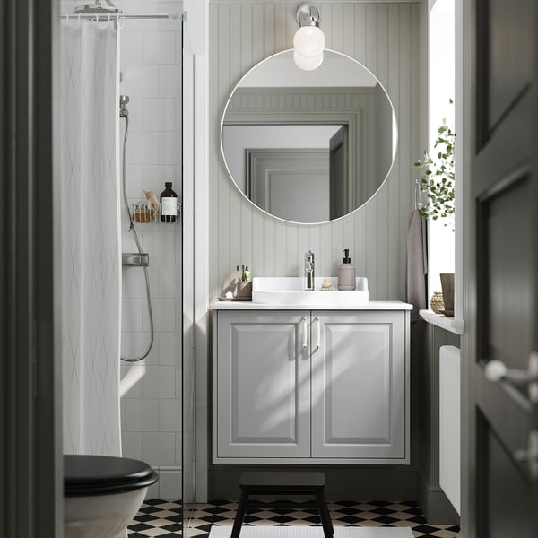 TÄNNFORSEN / RUTSJÖN wash-stnd w doors/wash-basin/tap, light grey/white marble effect, 82x49x76 cm