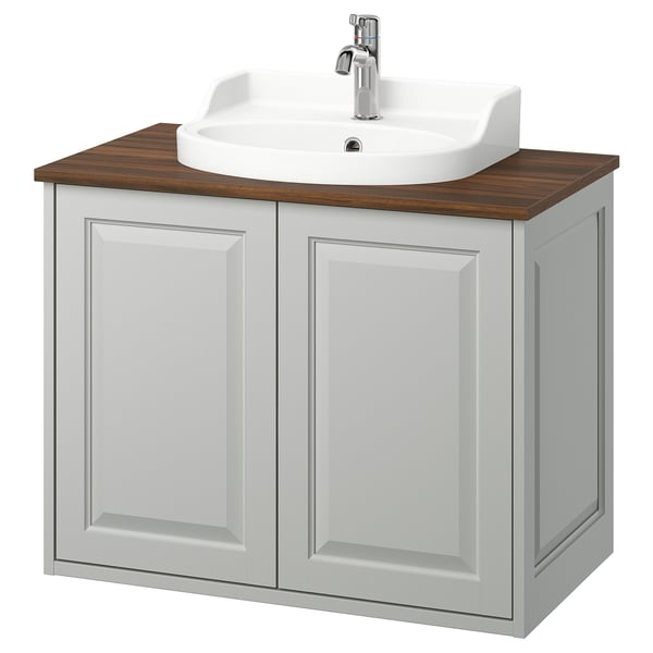 TÄNNFORSEN / RUTSJÖN wash-stnd w doors/wash-basin/tap, light grey/brown walnut effect, 82x49x76 cm