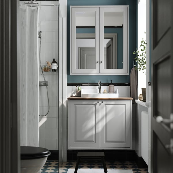 TÄNNFORSEN / RUTSJÖN wash-stnd w doors/wash-basin/tap, light grey/brown walnut effect, 82x49x76 cm