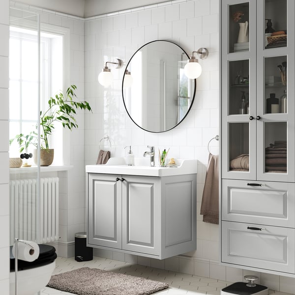 TÄNNFORSEN / RUTSJÖN wash-stnd w doors/wash-basin/tap, light grey, 82x49x74 cm