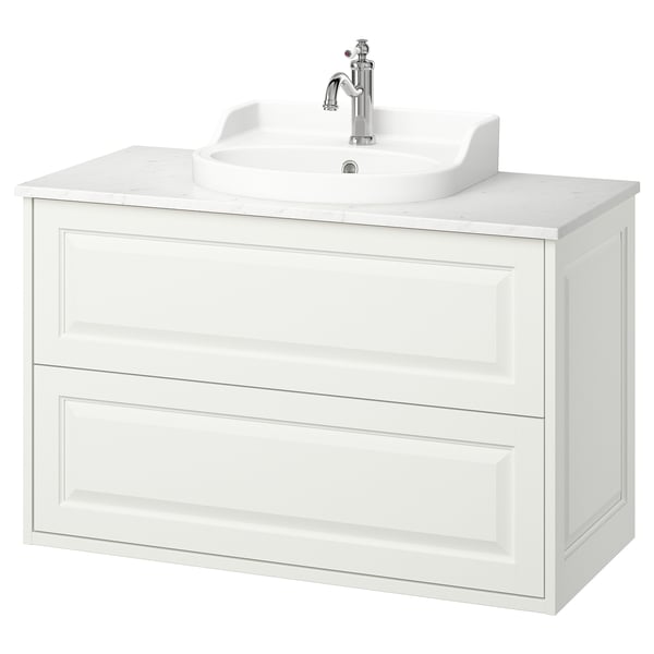 TÄNNFORSEN / RUTSJÖN wash-stnd w drawers/wash-basin/tap, white/white marble effect, 102x49x76 cm