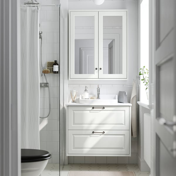 TÄNNFORSEN / RUTSJÖN wash-stnd w drawers/wash-basin/tap, white/white marble effect, 82x49x76 cm