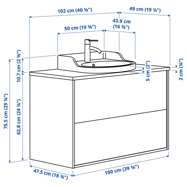 TÄNNFORSEN / RUTSJÖN wash-stnd w drawers/wash-basin/tap, white/brown walnut effect, 102x49x76 cm