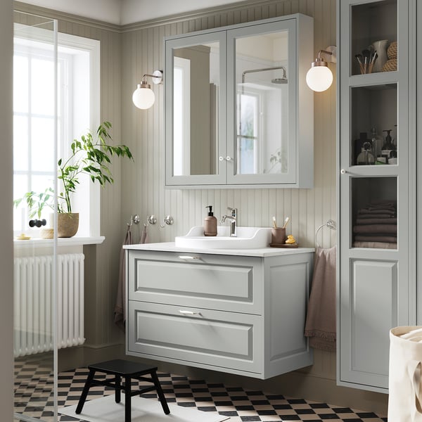 TÄNNFORSEN / RUTSJÖN wash-stnd w drawers/wash-basin/tap, light grey/white marble effect, 102x49x76 cm