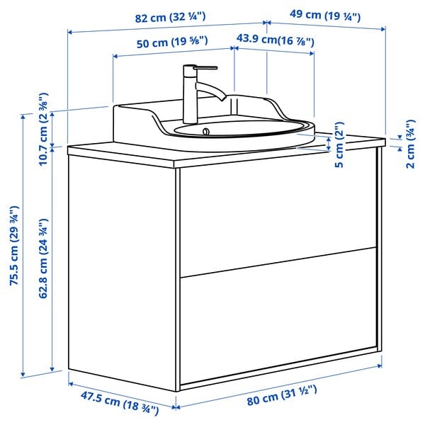 Ikea TÄNNFORSEN / RUTSJÖN - Washbasin/drawer/misc cabinet, light grey/black marble effect,82x49x76 cm