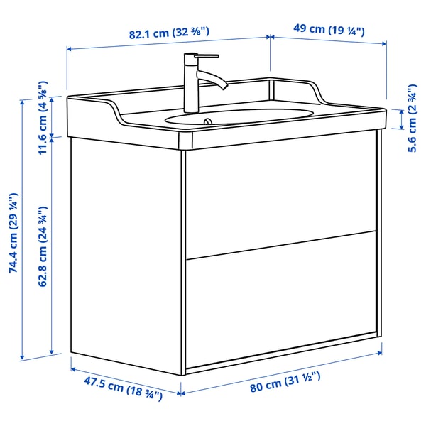 TÄNNFORSEN / RUTSJÖN wash-stnd w drawers/wash-basin/tap, light grey, 82x49x74 cm