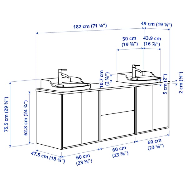 Ikea TÄNNFORSEN / RUTSJÖN - Washbasin/washbasin unit/mixer, white/white marble effect,182x49x76 cm
