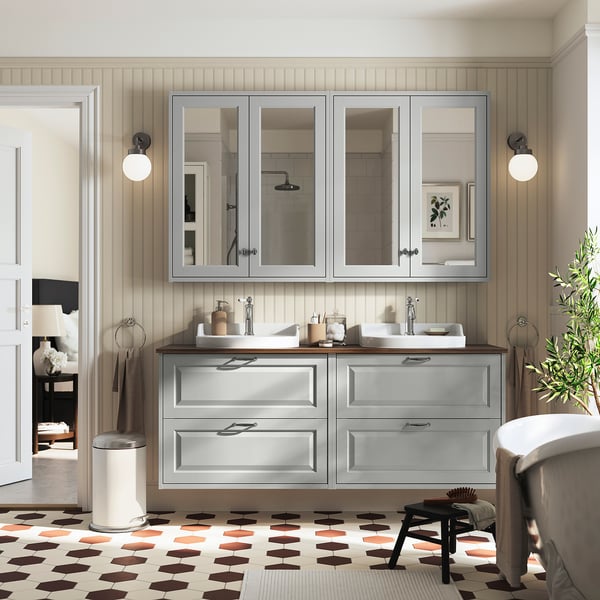 TÄNNFORSEN / RUTSJÖN wash-stand/wash-basins/taps, light grey/brown walnut effect, 162x49x76 cm