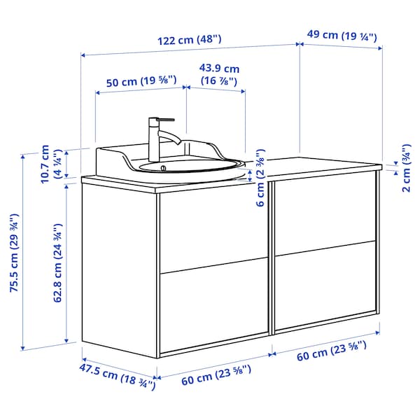 Ikea TÄNNFORSEN / RUTSJÖN - Washbasin/washbasin unit/mixer, light grey/white marble effect,122x49x76 cm