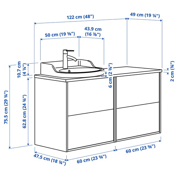 TÄNNFORSEN / RUTSJÖN wash-stand/wash-basin/tap, light grey/white marble effect, 122x49x76 cm