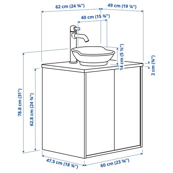 Ikea TÄNNFORSEN / VÄSTERSJÖN - Washbasin cabinet/ante/washbasin/miscelat, light gray/white marble effect,62x49x79 cm