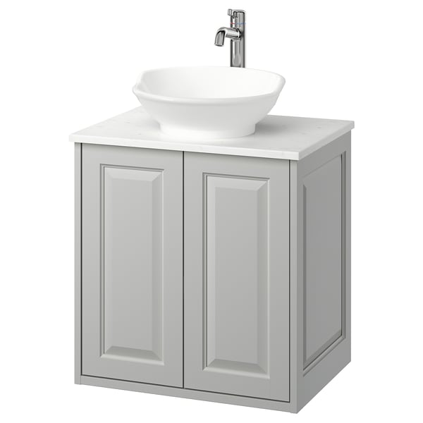 TÄNNFORSEN / VÄSTERSJÖN wash-stnd w doors/wash-basin/tap, light grey/white marble effect, 62x49x79 cm