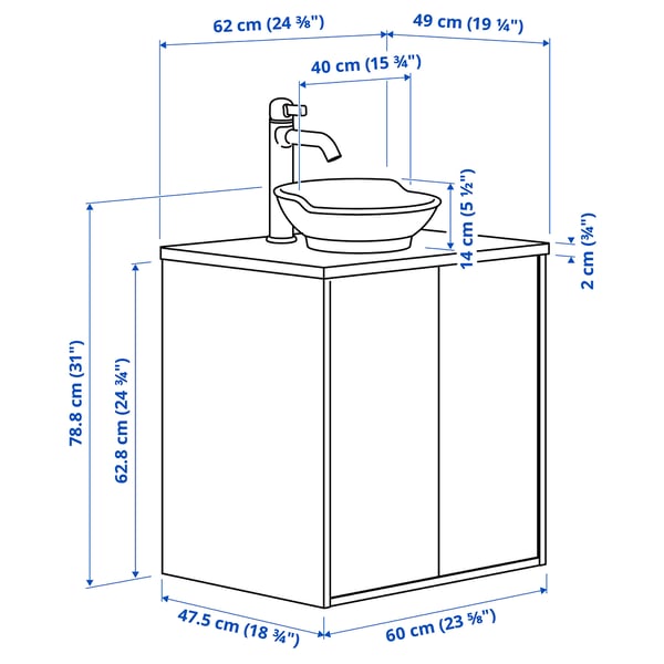TÄNNFORSEN / VÄSTERSJÖN wash-stnd w doors/wash-basin/tap, light grey/brown walnut effect, 62x49x79 cm