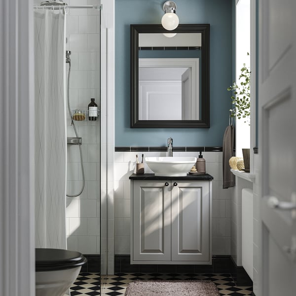 TÄNNFORSEN / VÄSTERSJÖN wash-stnd w doors/wash-basin/tap, light grey/black marble effect, 62x49x79 cm