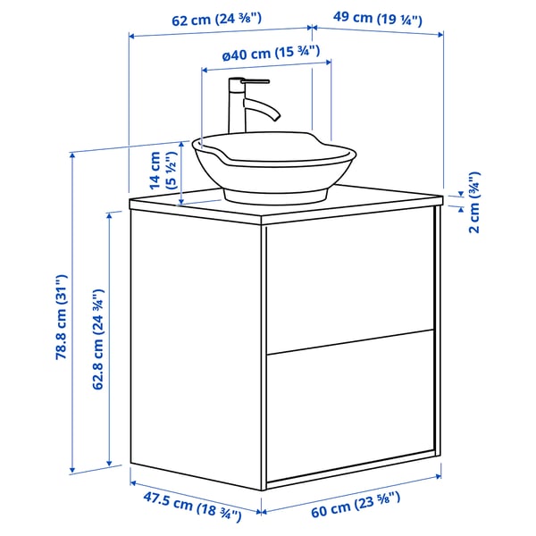 TÄNNFORSEN / VÄSTERSJÖN wash-stnd w drawers/wash-basin/tap, white/black marble effect, 62x49x79 cm