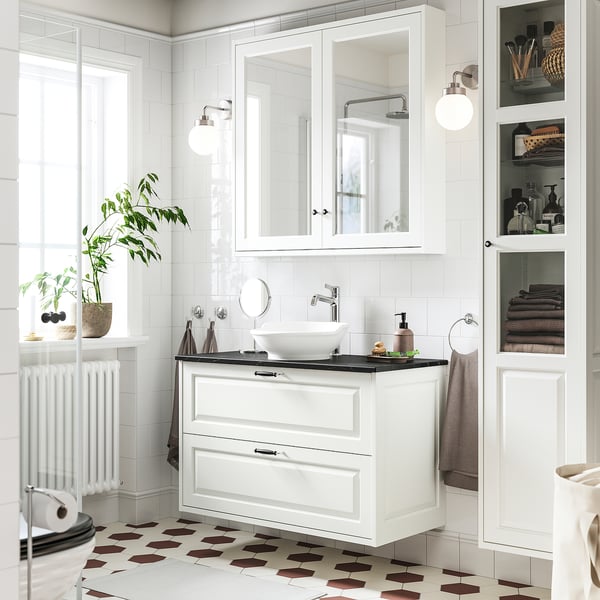 TÄNNFORSEN / VÄSTERSJÖN wash-stnd w drawers/wash-basin/tap, white/black marble effect, 102x49x79 cm