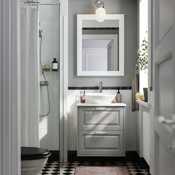 TÄNNFORSEN / VÄSTERSJÖN wash-stnd w drawers/wash-basin/tap, light grey/white marble effect, 62x49x79 cm