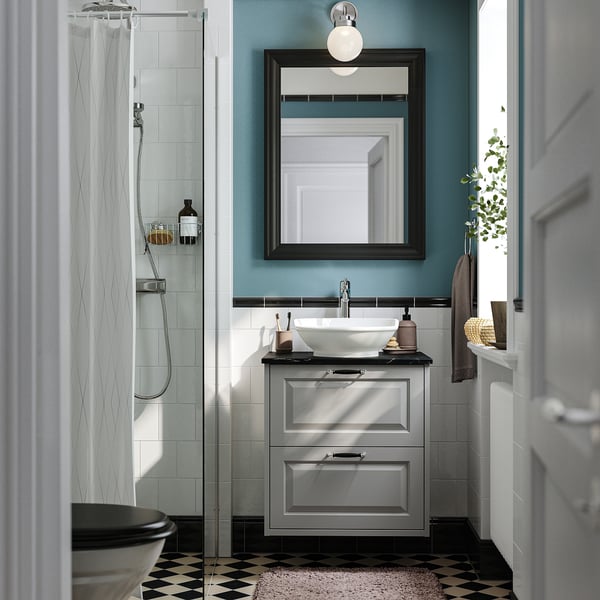 TÄNNFORSEN / VÄSTERSJÖN wash-stnd w drawers/wash-basin/tap, light grey/black marble effect, 62x49x79 cm