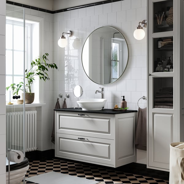 TÄNNFORSEN / VÄSTERSJÖN wash-stnd w drawers/wash-basin/tap, light grey/black marble effect, 102x49x79 cm