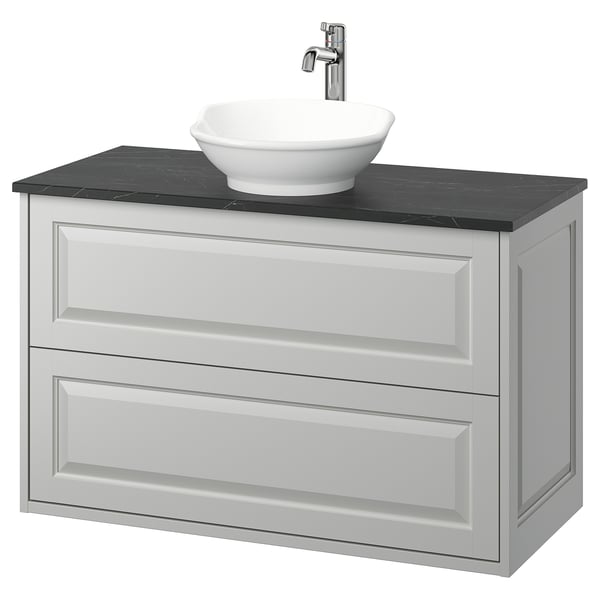 TÄNNFORSEN / VÄSTERSJÖN wash-stnd w drawers/wash-basin/tap, light grey/black marble effect, 102x49x79 cm